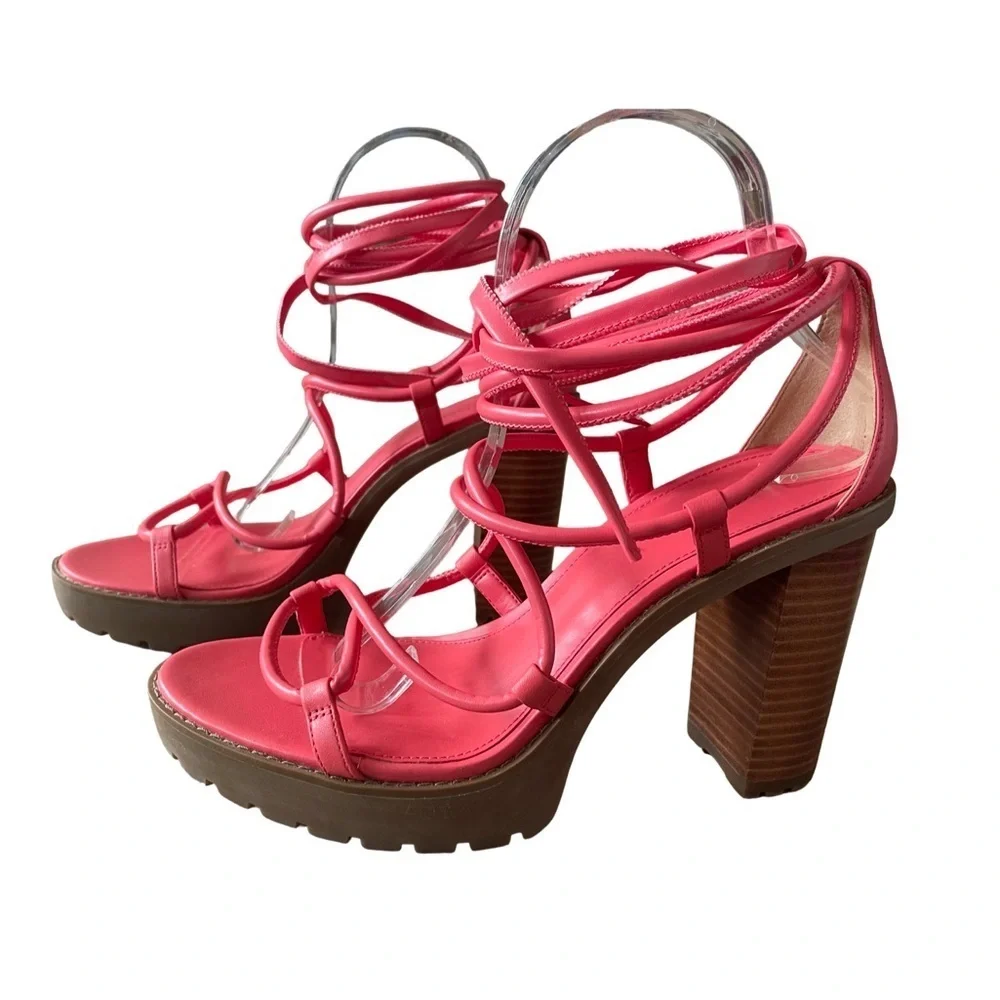 Michael Kors Vero Lug Leather Strappy Platform Sandal Coral Red Women’s 9
